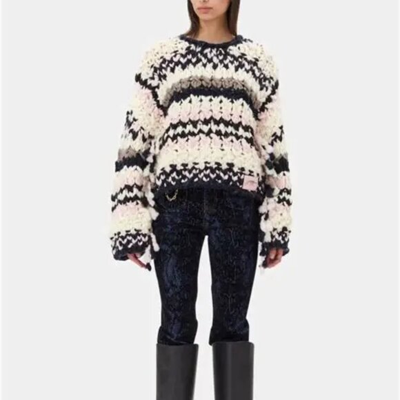 Ganni Striped Chunky Wool Roving Handknit Crewneck Chunky Sweater NEW Small - Picture 3 of 12